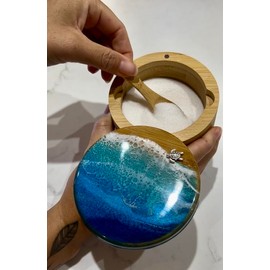 Ocean Resin Art Bamboo Salt Box, Salt Cellar, Bath Salt Container, Storage Box, Herb, Salt, Pepper, Sugar, Spices Storage Box with Magnetic Swivel Lid, Spoon and Turtle Charm