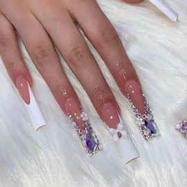 Vokupoga Long Square Press on Nails Sparkly False Nails with Rhinestones Designs, White French Tip, 24 Pcs