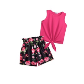 Arshiner Girl's 2 Piece Outfits Tie Knot Tank Top and Paperbag Waist Summer Short Sets With Pocketed