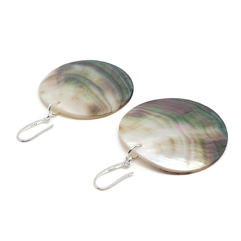 THEPRETTYBITS Dark Abalone Shell Earrings, Large Round Disc, Long Dangle