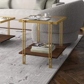 Henn&Hart 20" Wide Square Side Table with MDF Shelf in Brass/Walnut, Table for Living Room, Bedroom