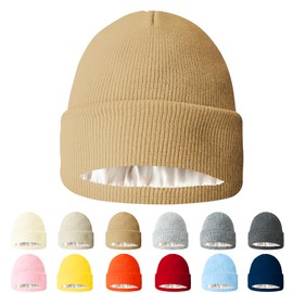 AGLIFEFY Winter Beanie Knit Cuffed Silk Lining Hats Warm Beanies for Women Men (Khaki with Satin Lined)