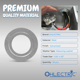 OhLectric Galvanized Steel Reducing Washer-Knockout Reducing Washer-Ensures Secure Connection-Reduce Oversized Opening of Metal Outlet Box-cULus Listed-Trade Size 1-1/4 x 1/2 Inches, 50 Pcs - OL-42254