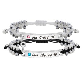 JunyiDIY Charm Bracelets of 2 for Boyfriend and Girlfriend His Crazy Her Weirdo Bracelet, Double Layered White Turquoise Beads Long Distance Friendship Bracelets for Couples Y3877