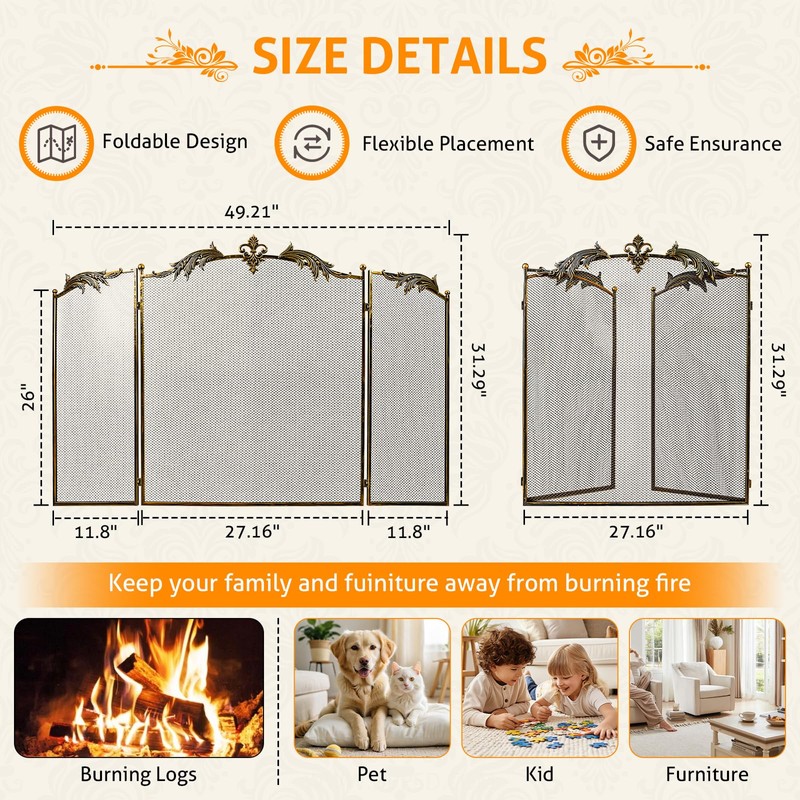 WICHEMI Fireplace Screen 3 Panel Folding Fireplace Screens 50.4 x