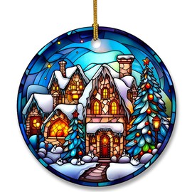 Christmas Hanging Ornament for Xmas Tree Decorations Ceramic Ornament in Stained Glass Patterns, Ceramic Keepsake for Christmas Decorations, Vintage Snow House Xmas Tree Ceramic Ornament Home Decors