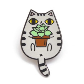 Noristudio Succulent and Gray Tabby Cat Enamel Pin for Cat Lovers