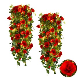 RECUTMS Hanging Flowers Artificial Hanging Rose Flower 2PCS 3.3Ft for Outdoors with 30 LED Fairy String Lightsfor Indoor Wall Wedding (Red)