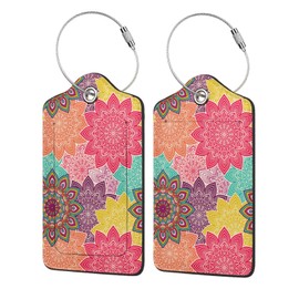 Set of 2 Luggage Tag Leather Privacy Cover ID Label Address Card with Stainless Steel Loop, Travel Bag Tags Suitcase Labels, Mandela Floral Boho Vintage Ethnic