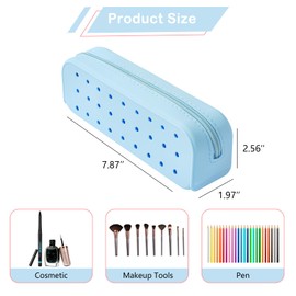 RSRSLEII Cute Silicone Makeup Brush Holder with Holes, Soft Portable Cosmetic Brush Bag with Zipper, Travel Makeup Brush Case（03Light Blue）