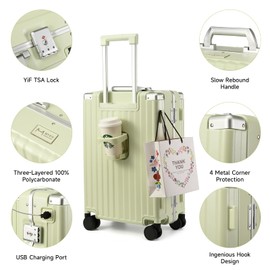 MYER Hard Shell Carry On Luggage 22x14x9 Airline Approved,20 Inch Aluminum Luggage with 100% 3-Layer PC,Carry On Suitcases with Wheels,Cup Holder and USB Port (Vanilla Green, 20 inch)