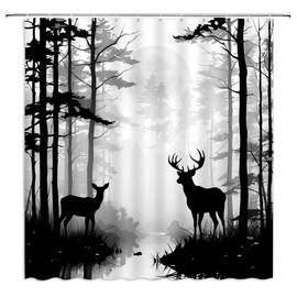 ZWSMZW Deer Shower Curtain Foggy Forest Wildlife Hunting Moon Mountain Rustic Lodge Country Farmhouse Pine Tree Outdoor Gray Bathroom Decor Fabric Curtains with Hooks