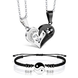 LOLIAS Matching Necklace and Bracelet for Couples or Best Friends I Love You Partner Necklaces Jewellery Heart Necklace and Yin Yang Bracelet Couple Gift, Stainless Steel