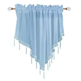 Beaded Sheer Windows Valance 51.1 in W x 23.6 in L, Scalloped Kitchen Curtain, Bathroom Swag Sheer with Rod Pocket, Short Valance Drape for Bedroom Living Room (Sky Blue)