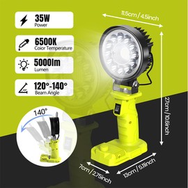 Cordless Work Light, Compatible with Batteries Ryobi 18V One+ Li-ion Battery,35W 4000LM for Ryobi Light with USB Port, 140 Degree Pivoting Head, Led Work Light Floodlight Spotlight