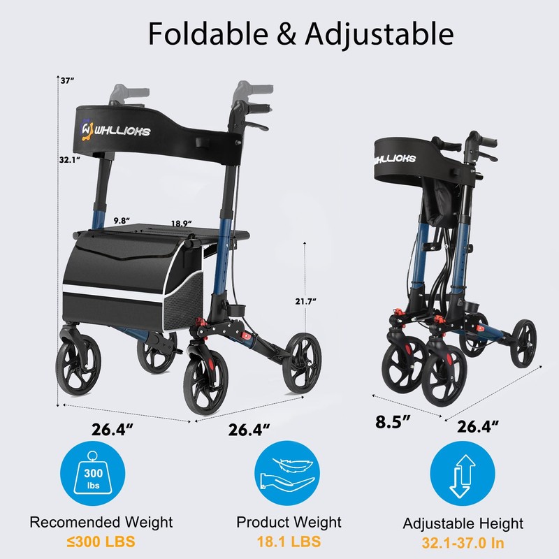Rollator Walkers for Seniors with Seat, No Assembly Foldable 8"