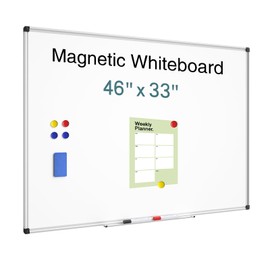 Magnetic Dry Erase Whiteboard - 46 x 33 Inch White Board - 4 x 3 Large Wall-Mounted Board with Silver Aluminum Frame, 1 Magnetic Eraser, 2 Pens, Detachable Marker Tray, 6 Magnets