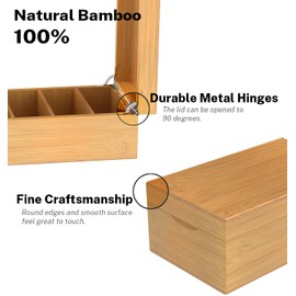 Neando Bamboo Index Card Holder for 3x5 Cards – Wooden Organizer with Lid, 4 Compartments, 600-Card Capacity, Includes 20 Thick Index Cards & 200 Note Cards– Natural Desktop Filing Box