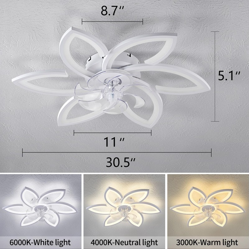 Dalouguan Ceiling Fan with Lights Remote Control, White Flower Ceiling