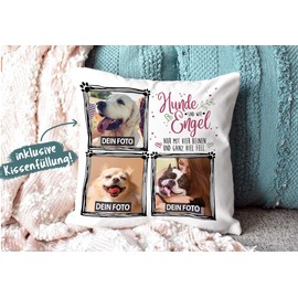 PR Print Royal Cushion with Filling with Saying "Hunde sind wie Engel - zum selbst Gestalten mit DREI Wunschfotos für den Hundefreund" (Dogs sind wie Engels) [German Language], Polyester Cushion,