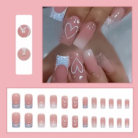 Medium Length Press on Nails Square French Tip Press on Nails, Glitter Heart Rhinestone Design Pink Fake Nails Acrylic Nails Glue Stick on Nail Reusable Fit Valentine False Nails Kit 12Sizes 24PCS