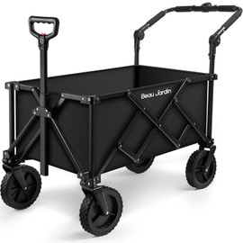 BEAU JARDIN 150L Collapsible Folding Wagon Cart 330lbs Foldable Push Pull Wagon All Terrain 360° Rotating Wheels Heavy Duty Utility Garden Beach Wagon with Push Handle Sports Shopping Camping