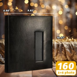 Kuword Wedding Guest Book with Photo Booth Insert - 160 2x6 Photo Sleeves & Guest Signing Space, PU Leather Memory Album for Weddings, Parties, Family Memories (Black)