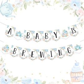 Fangleland Tea Party Baby Shower Banner for Boy - A Baby Is Brewing Tea Theme Blue Floral Banner Decorations, Boy’s Gender Reveal Pregnancy Celebration Hanging Garland Party Supplies