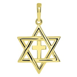 Jewelry America 14k Yellow Gold Jewish Star of David with Religious Cross Judeo Christian Pendant (Small)