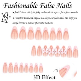 DMQ Almond French Press On Nails, 24Pcs French Tip False Nails, Oval Fake Nails White Tip with Bow, Stick on Nails Kit Full Cover Glue on Nails French Nail Art Manicure Decorations