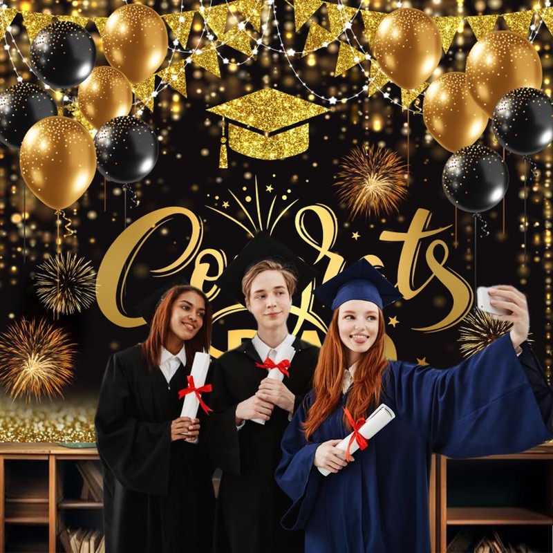 10x8ft Graduation Backdrop 2026 Congrats Grad Banner Black and Gold