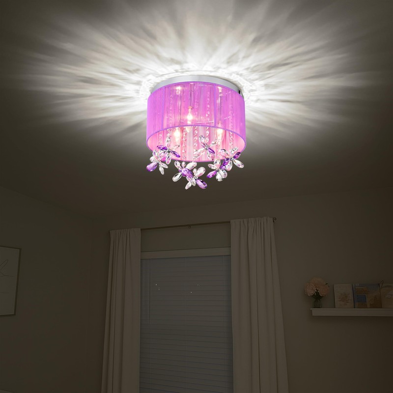 LaLuLa Purple Crystal Chandelier for Girls Bedroom, 3-Light E12 Flush
