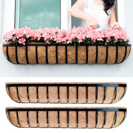 LaLaGreen Wall Hanging Planter Outdoor (48 Inch, 2 Pack) Large Window Flower Box with Coco Liners, Black Metal Rectangular Plant Holder Attach to House Horse Trough Fence Balcony Modern Porch Patio