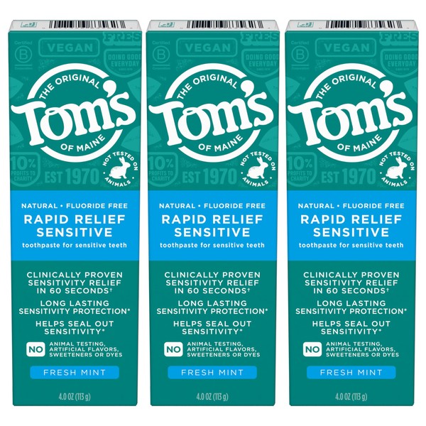 Tom's of Maine Fluoride-Free Rapid Relief Sensitive Toothpaste, Fresh Mint, 4 oz. 3-Pack (Packaging May Vary)