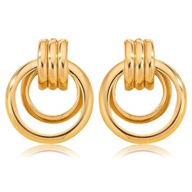 Toplstud Gold Clip Earrings for Women, 14K Gold-Plated Double Circle Clip Earrings, Hypoallergenic Hoop Earrings, Jewellery for Women, Girls, 14K gold-plated, No Gemstone