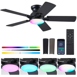 CHESUR Ceiling Fan with RGB LED Light - 48" Black Flush Mount Ceiling Fan Light with 5 Blades, 6 Speeds, Dimmable RGB Light, Indoor/Outdoor Moderm Ceiling Fan for Kids Room, Party