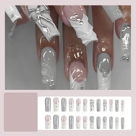 RIICFDD White Press on Nails Long Fake Nails Coffin False Nails with 3D Water Ripple Designs Glue on Nails Bow Rhinestone Nail Charms Full Cover Glossy Stick on Nails for Women Cute Nails 24 Pcs