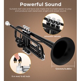 Vangoa Bb Trumpet Brass Standard Black Trumpet Instrument for Student School Band Orchestra Adult Kid Beginner with Hard Case, Stand, Cleaning Kit, White Gloves, Valve Oil and 7C Mouthpiece