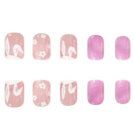 Easter Press on Nails Short Pink Square Fake Nails with Cute Rabbit Flower Designs Artificial False Nails Full Cover Glue on Nails Stick on Nails for Women and Girls 24Pcs