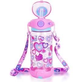 PinkSheep Kids Water Bottle with Straw/Lanyard 650ml BPA Free Child Drinking Water Bottle Leak-Proof Locking Flip Lid for Kids Girls Boys School Sport Travel (Heart)