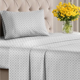 3 Piece Grey Sheets Twin Set – Luxury Geometric Flat Sheet 66 x 96, Fitted Sheet 39 x 75 and 1 Pillowcase 20 x 30 – Deep Pocket, Ultra-Soft, Trellis Bed Sheets – Oeko-TEX Moroccan Decor Sheet Set