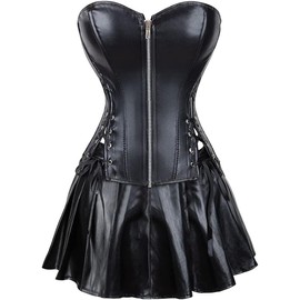 DKCHENH Women's Punk Rock Faux Leather Steampunk Corset gothic bustier skirt set costume.black bustier,X-Large Skirt.