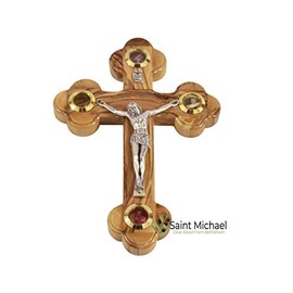 7Inch Olive Wood Wall Crucifix â Wall Hanging Cross Hand Carved in The Holy Land â 4 Glass Filled with relics