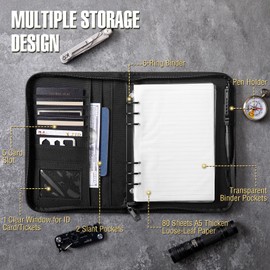 Kosibate Tactical Notebook Padfolio Ring Binder with 80 Sheets, Tactical Binder Zippered for Folders, Cards Refillable 6-Ring Notepad,Army Military Waterproof Notebook Cover(Black,7.3"x10.1")