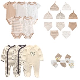 MAMIMAKA Newborn Baby Boys Clothes Sets 23-Piece, 5-pack Bodysuit+3PJS and Accessories for 0-6 Months