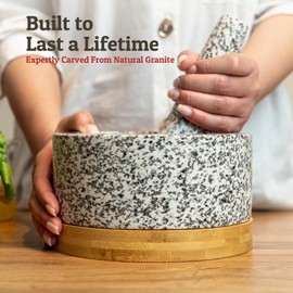 PriorityChef Heavy Duty Mortar and Pestle Set with Bamboo Base, 100% Natural Granite Stone Grinder, Guacamole Bowl and Masher, 4 Cups, White