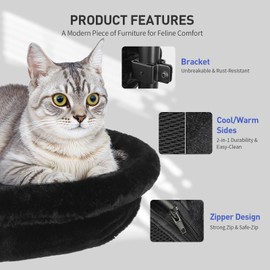 Cat Desk Bed - Machine Washable Reversible Cats Hammock for Large and Kitten - 360° Rotating & Height Adjustable - Supports Up to 45lbs - Indoor Cat Nest Furniture for Office & Game Tables - Black