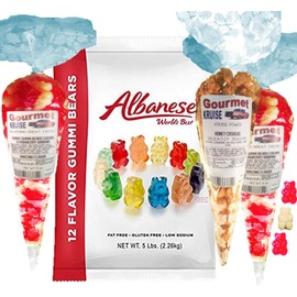 Albanese Gummi Bears-Gummy Bears 12 Flavors-5lb Bag Plus (2) Red And White Bears 11 OZ (1) Honey Cashews Delicately Roasted 4.5 OZ Gourmet Kruise Signature Gift Bag 4 Bags (2) Item Bundle
