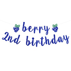 Berry 2nd Birthday Banner, Baby Two Sweet Birthday Sign, Blueberry Themed Happy 2nd Birthday Party Decorations Supplies for Boy Girl, Blue Glitter