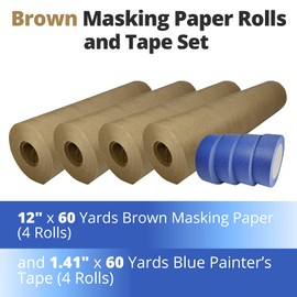 IDL Packaging Masking Paper and Tape Set - 12" x 60 Yards Brown Masking Paper (4 Rolls) and 1.41" x 60 Yards Blue Painter’s Tape (4 Rolls) - Masking Kit for Painting and Home Improvements